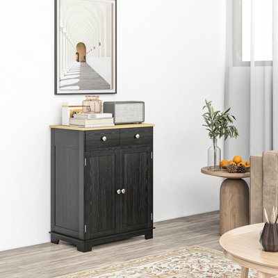 Buffet noir délavé - comptoir en bois massif, 2 tiroirs, portes, tablette réglable pour la cuisine moderne avec comptoir en finition