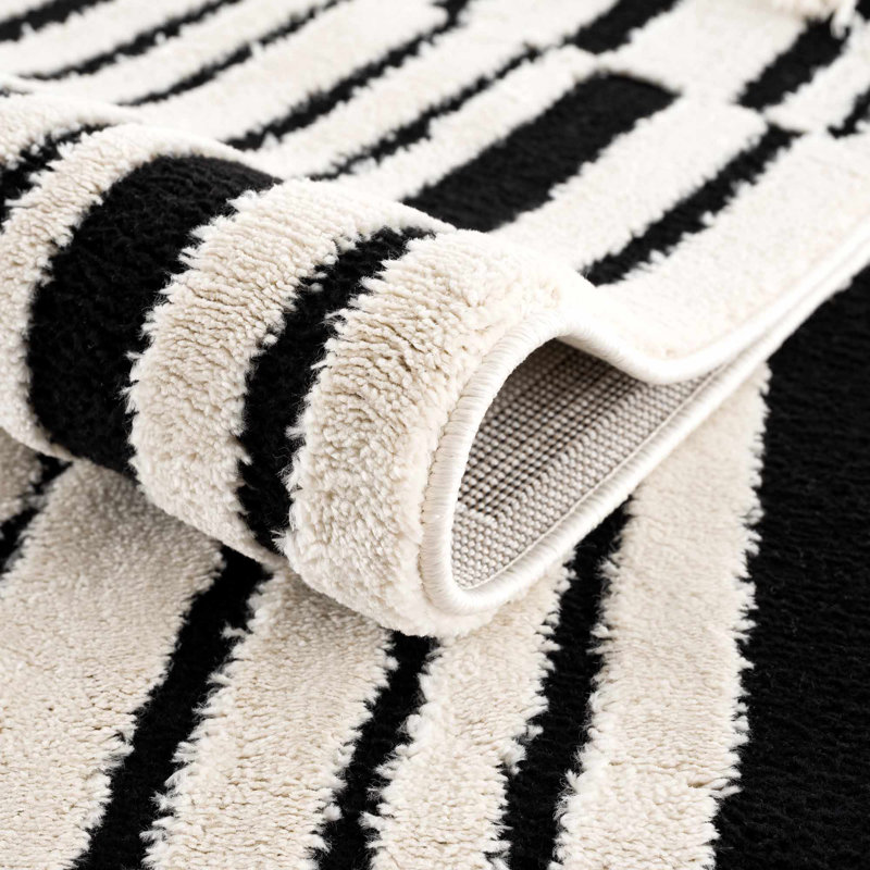 Jdan Striped Machine Woven Polypropylene Area Rug in Black, Rectangle 7'10" x 10'
