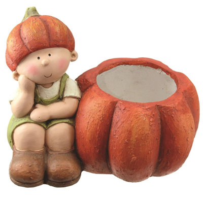 13" Fall Harvest Sitting Boy with Pumpkin Pot Thanksgiving Decoration