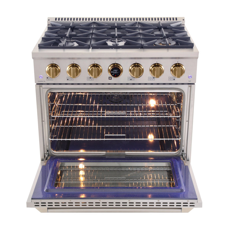 36 in. 5.2 cu. ft. Dual Fuel Range in Stainless Steel with Gold Accents and Kucht Horus Thermostat, Natural Gas