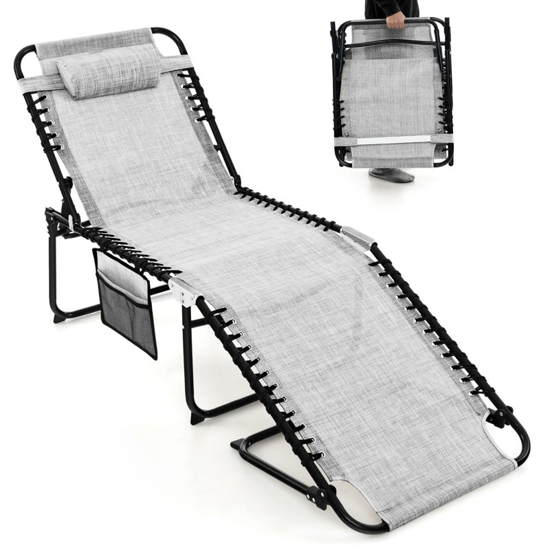 Patio Folding Chaise Lounge Portable Lay Flat Reclining Chair w/ 4-Level Backrest Side Pocket, Gray, 2