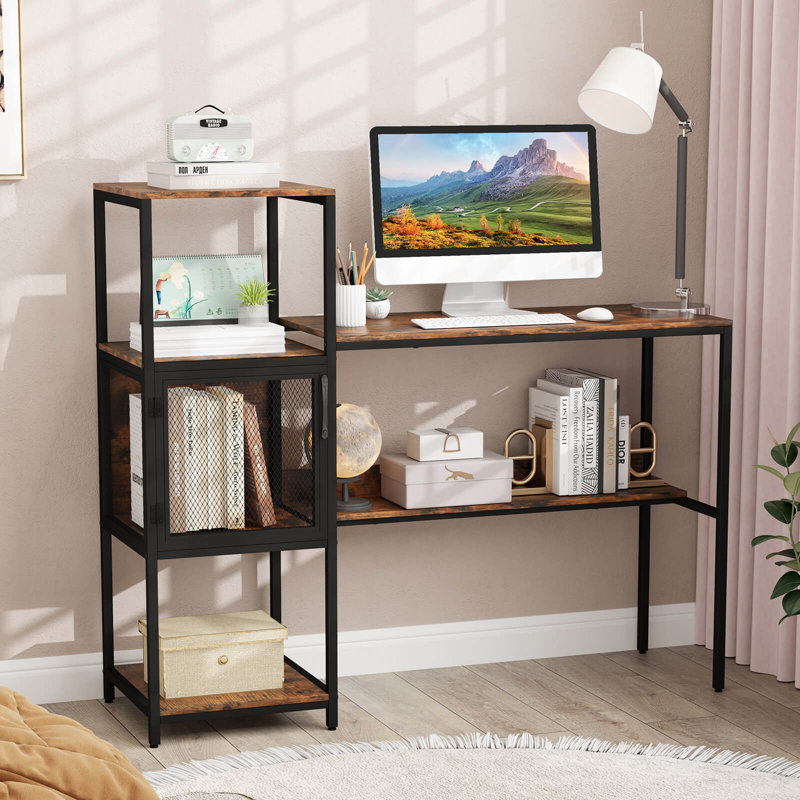 Computer Desk With Bookshelf Large Wide Desktop Storage Shelves Metal Frame