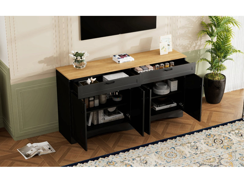 Farmhouse Tv Stand With 2 Drawers For Tvs Up To 70", Versatile Wood Grain Sideboard With Adjustable Shelves, Mid-Century Buffet Cabinet With Rustic Handles