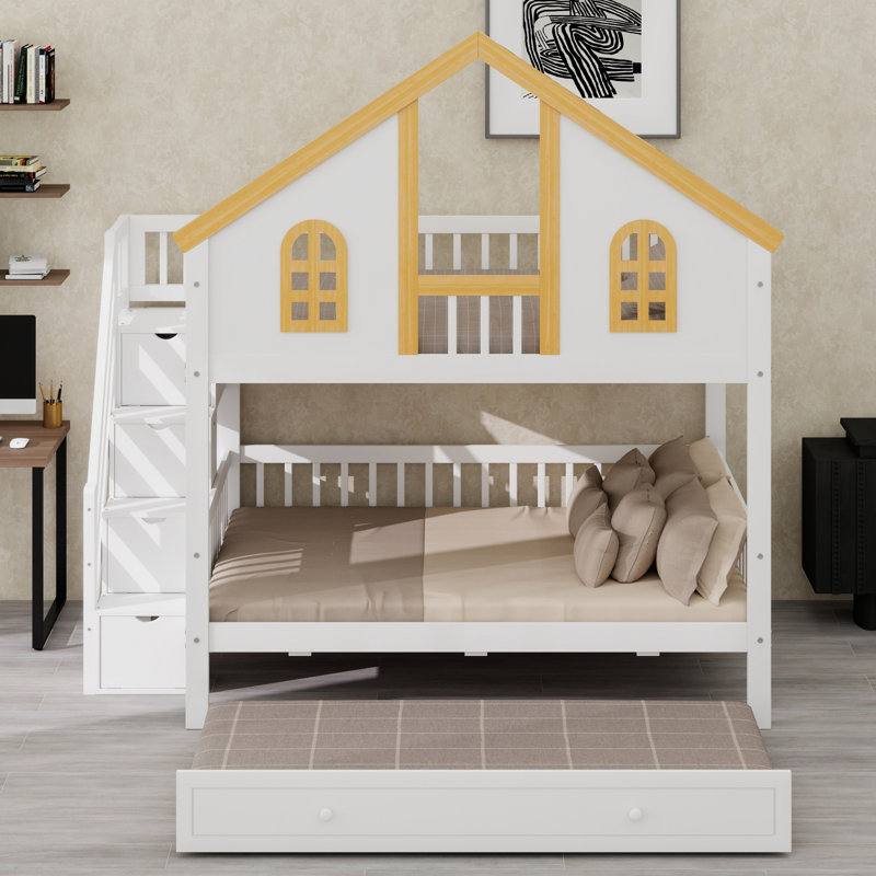 Lit superposé House avec toit, fenêtre et lit gigogne