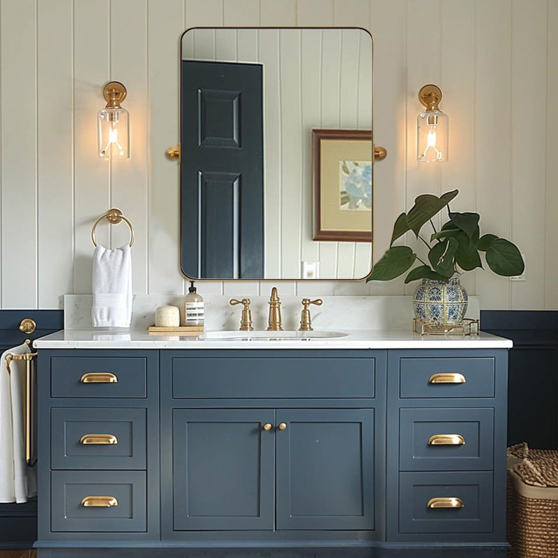 Modern Tilting Bathroom Vanity Wall Mirror | Stainless Steel Pivot Frame, Brushed Gold, 36" x 28"
