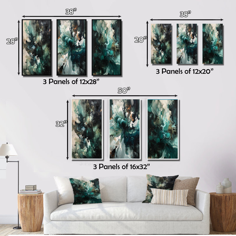 Art mural vert et blanc marbré III - art abstrait géométrique, ensemble de 3, Cadre flottant doré, H 40 po x l 60 po