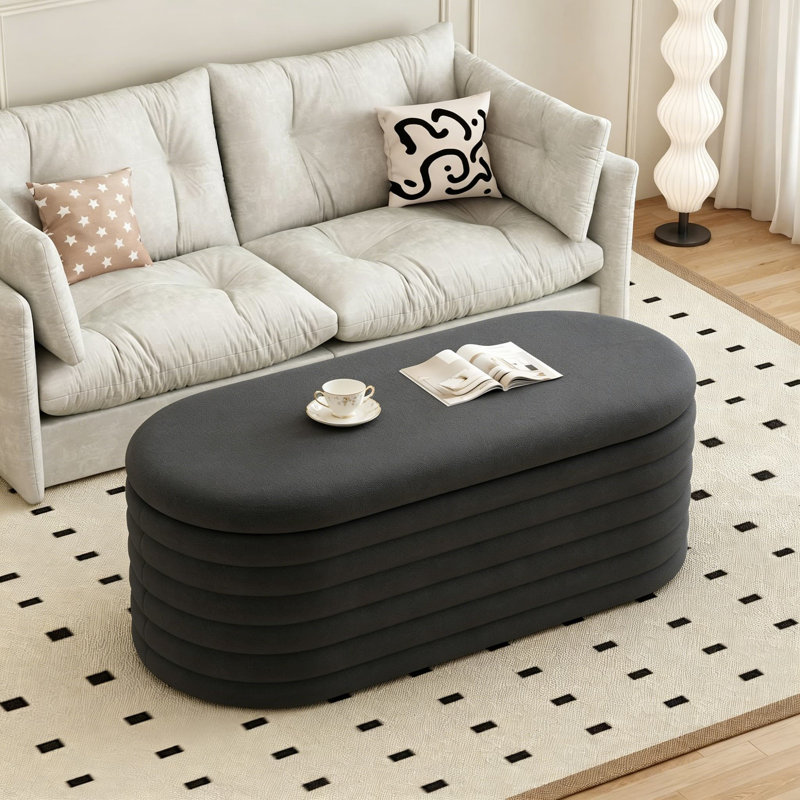 Banc de rangement avec repose-pieds de 40 po en chenille avec charnière de sécurité, banc de rangement ovale rabattable pour chambre à coucher, vestibule, salon, noir