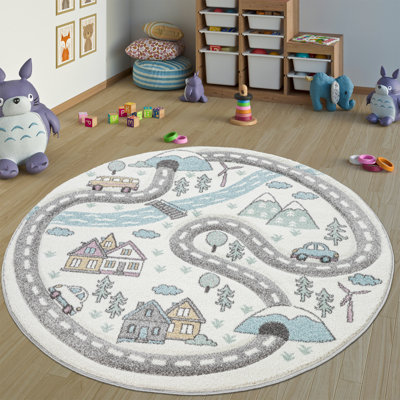 Vishvanath Kids Nursery Short Pile Street Design Pastel Power Loom Grey/Blue/White Rug