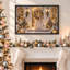 Porte festive blanche avec grand nœud doré et toile de Noël enneigée-1288851866