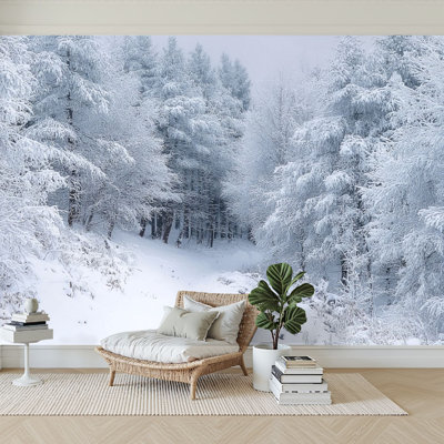Peel and Stick Wallpaper 96" W x 69" H Modern Self Adhesive Wall Mural for Bedroom pine forest heavily covered snow