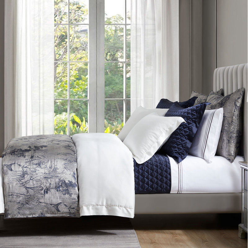 Pastoral Jacquard Queen Silver Cotton Duvet Cover Set