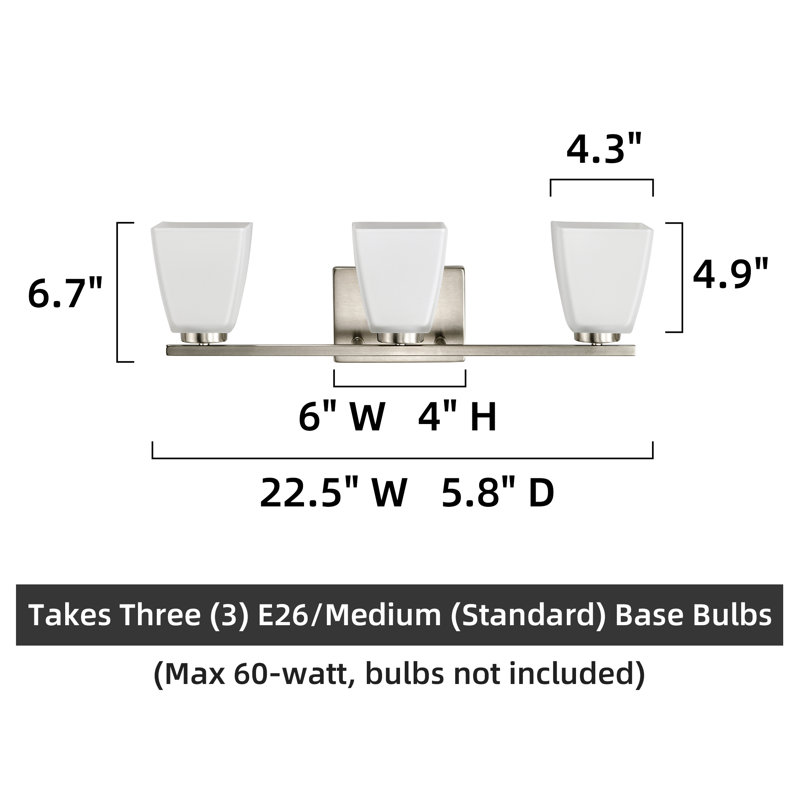 22 In. 3-light Modern Vanity Light With Square Etched White Glass Shades, Nickel