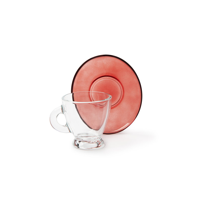 "PETRA" PACK OF 6 COLORLESS COFFEE CUPS W/ SAUCERS 9 CL, Transparent/Red