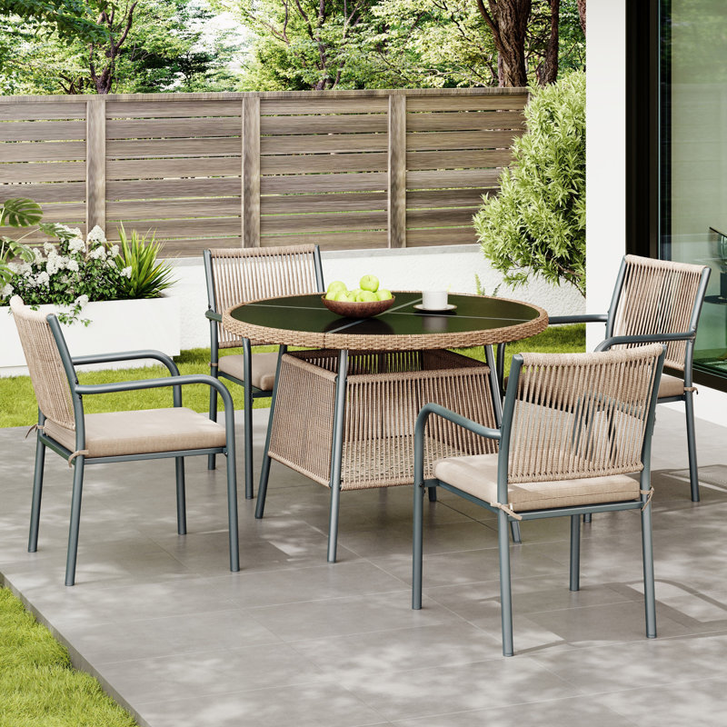 4 - Person Patio Dining Set with Round Table, Black, Grey