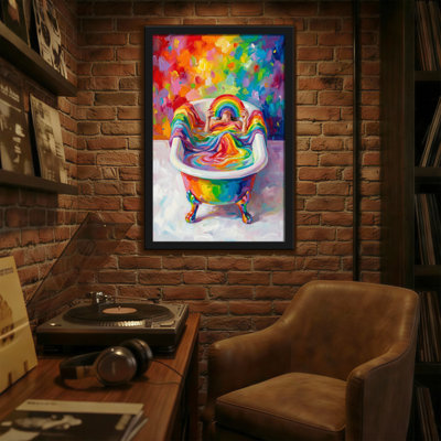 Bain et lessive arc-en-ciel, personne, fond coloré, peinture artistique, scène vibrante