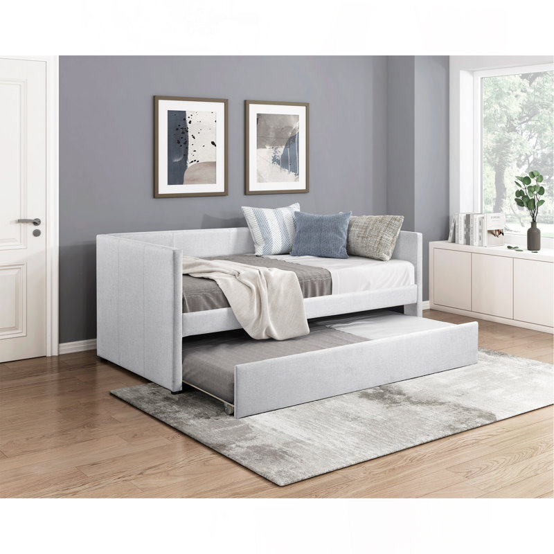 1Pc Daybed With Trundle Gray Fabric Upholstery Wooden Frame Modern Home Furniture, Gray