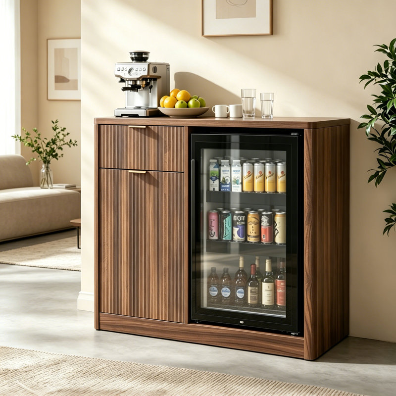 Armoire à café moderne cannelée de 39,4 po avec station de charge intégrée et mini-réfrigérateur, Brun