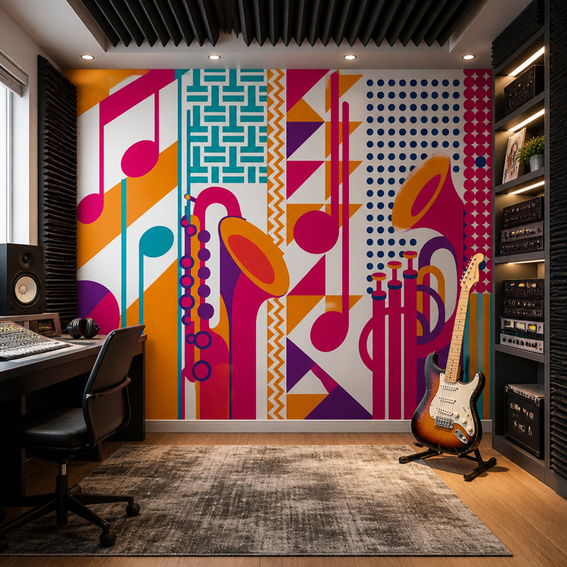 Papier peint amovible à motifs pop art représentant des notes de musique et des instruments à vent, 100"x96", Peel and Stick