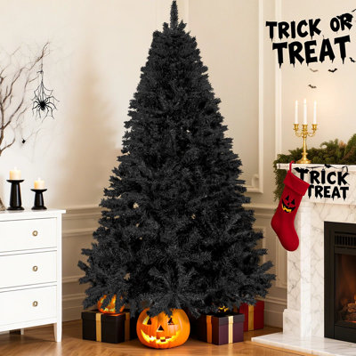 6 FT Black Artificial Christmas Tree, Unlit PVC Halloween & Holiday Tree for Indoor Home Party Decor, 800 Tips with Hinged Branches & Metal Stand