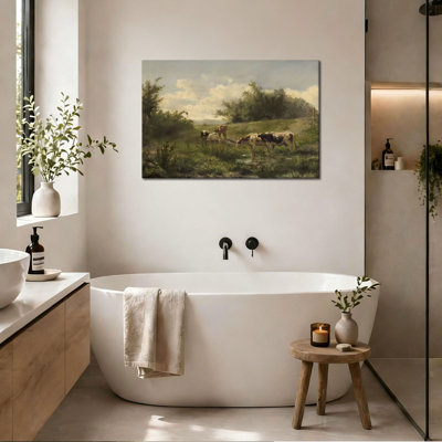 Vintage Cow Pasture Canvas Wall Art, Rustic Countryside Landscape Painting for Farmhouse Home Decor