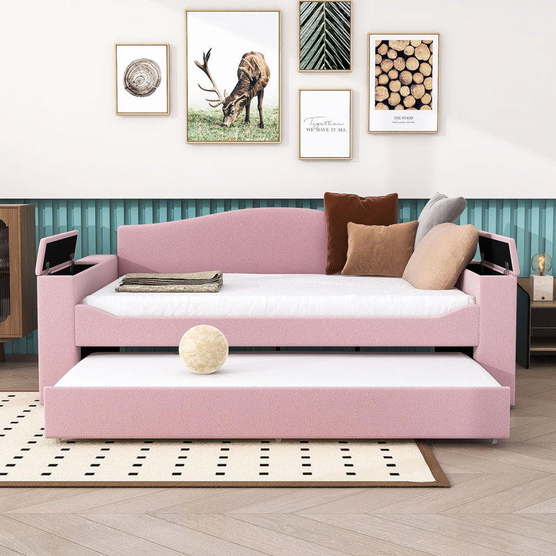 Wood Upholstered Daybed with Integrated Bluetooth Audio System, Storage Armrests and Trundle, Gray, Full