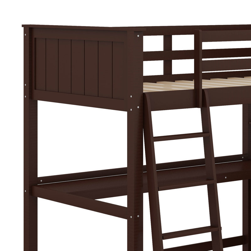 Twin Size Loft Bed With Desk And Drawers, Wooden Loft Bed With Shelves, Espresso