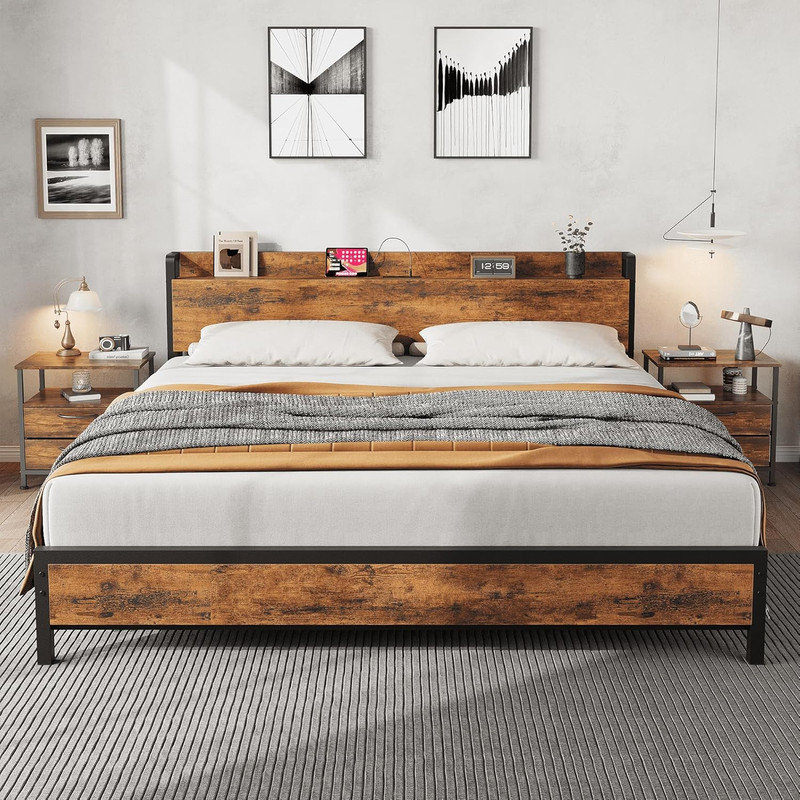 Industrial Full/Queen/King Bed Frame with Charging Station & Storage - Rustic Brown, No Box Spring Needed, King