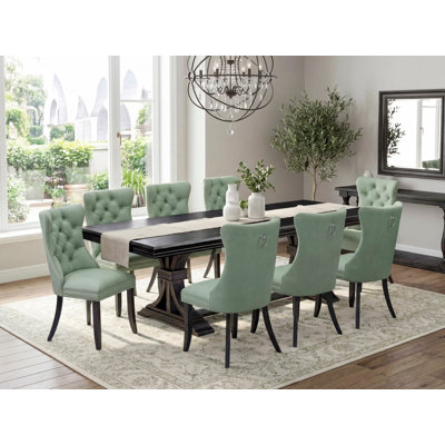 Ensemble de table de salle à manger 9 pièces comprenant une table rectangulaire et 8 chaises en tissu de polyester vert saule, noir sablé