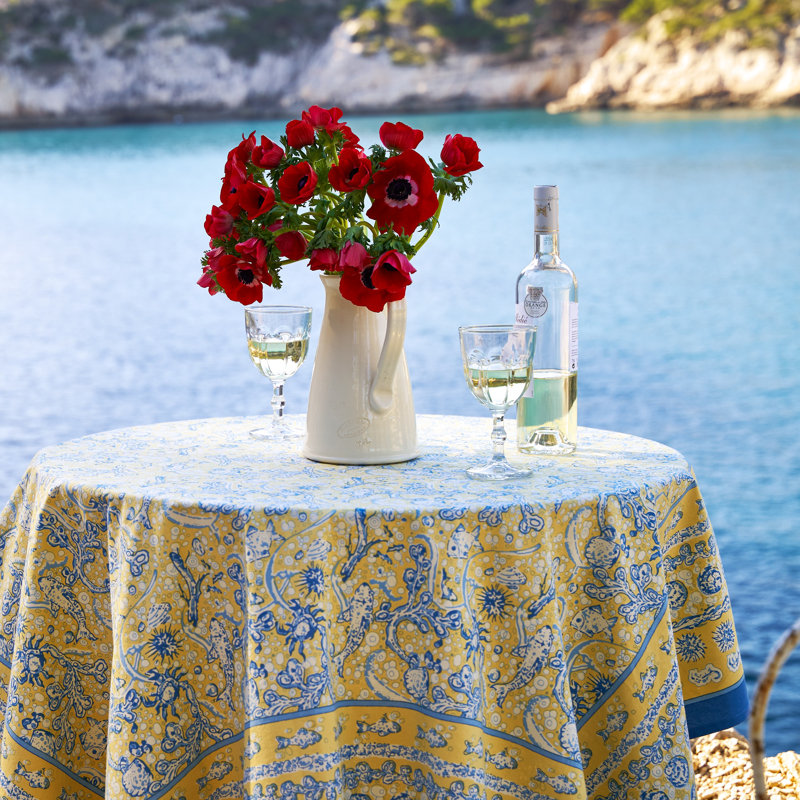 La Mer Handmade Floral Tablecloth, 71" Square, Yellow/Blue