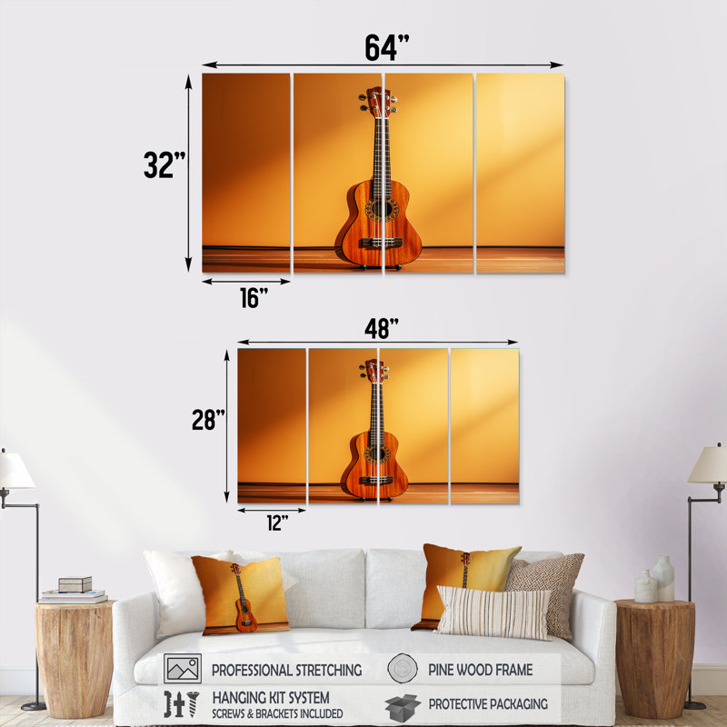 Minimalisme jaune, Guitard, musique, mélodie, 4 pièces, H 32 po x l 64 po