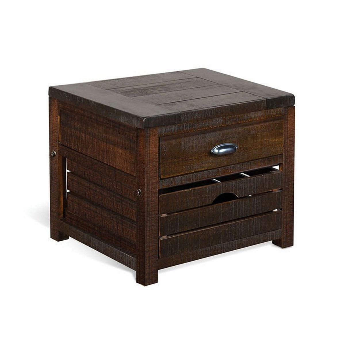 Benjara Flint End Table, 1 Drawer, 1 Crate, Dark Brown Mahogany Wood ...