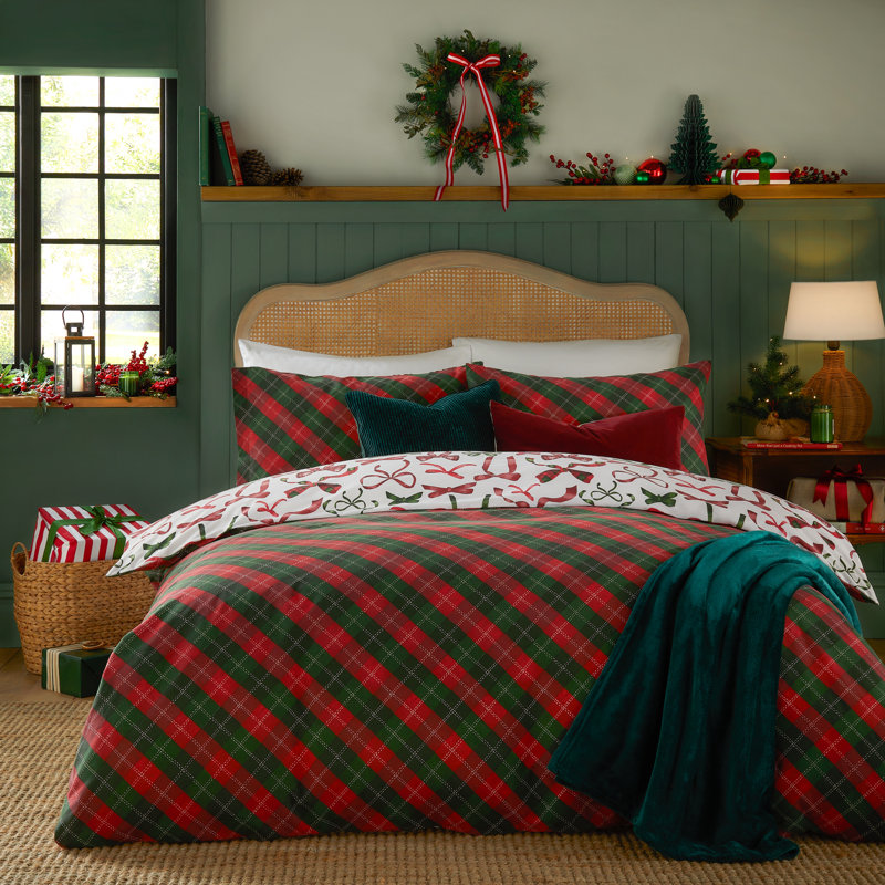 Nathalie Festive Bows Cotton Blend Machine Printed Sheet Set, Double Duvet Cover + 2 Standard Pillowcases