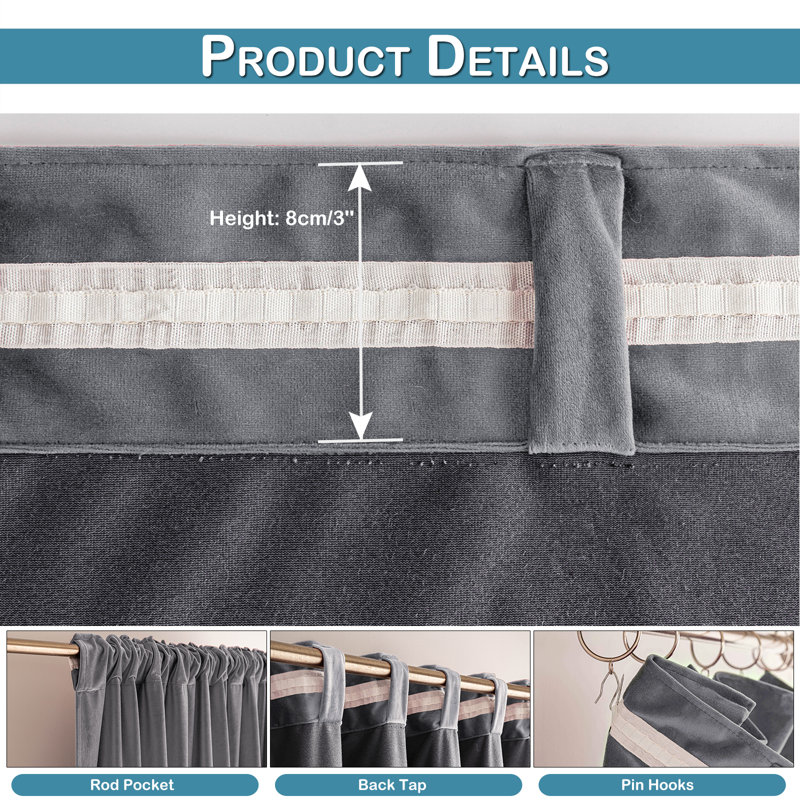 Lauier Velvet Blackout Curtain Pair, 52" W x 84" L, Gray