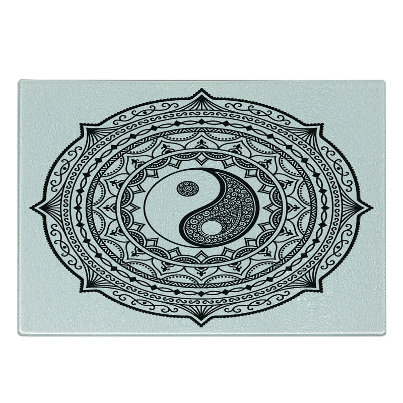 Planche à découper Ambesonne en verre trempé japonais Ying Yang noir et blanc