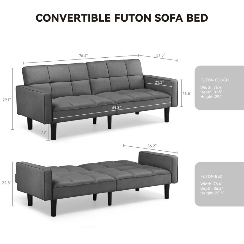 Canapé-lit futon de 76 pouces, canapé-lit de style moderne Mid-Century avec dossier réglable, canapé convertible en tissu Cama, canapé-lit pliant pour le salon, la chambre à coucher