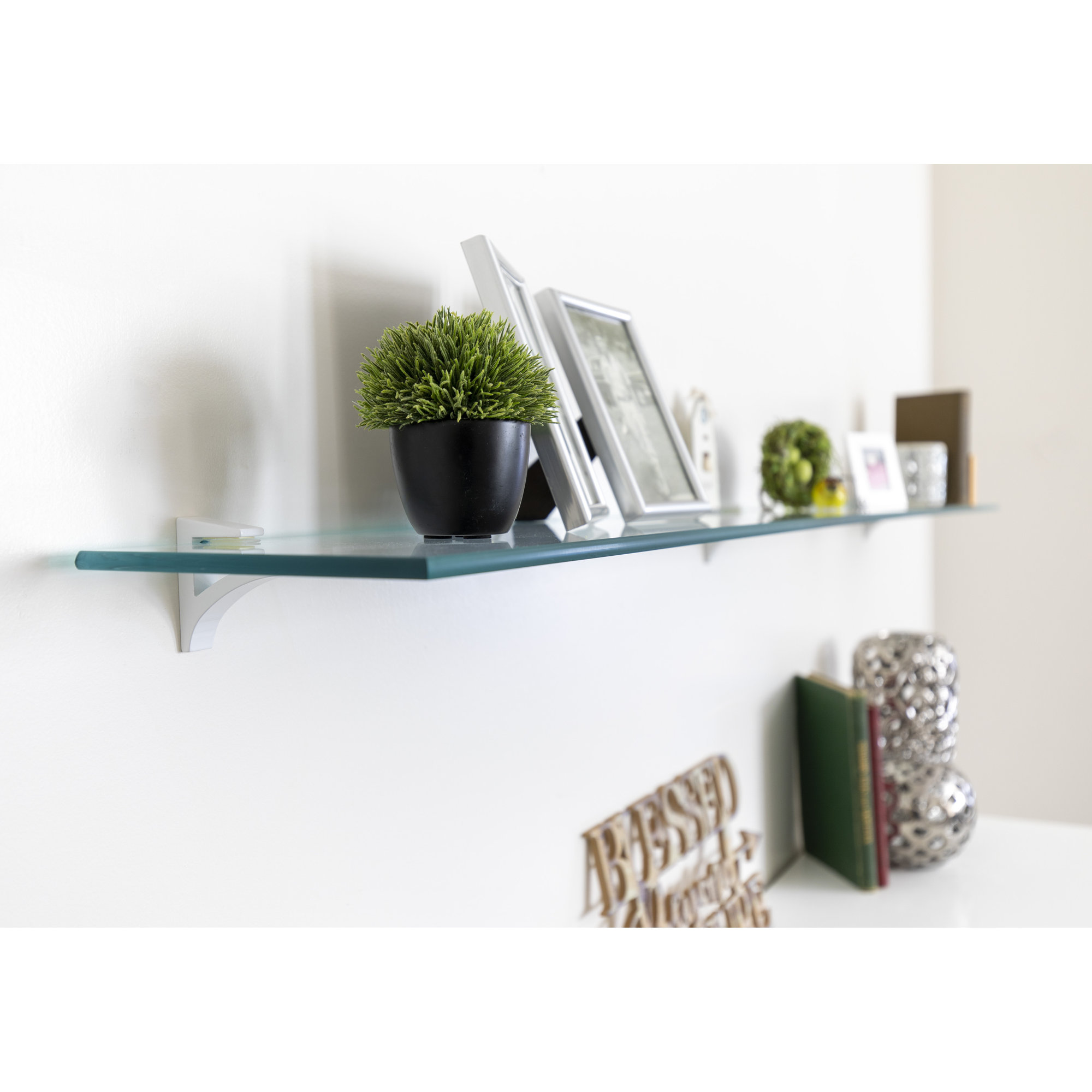 Earlham Tempered Glass Wall Mounted Bracket Shelf, White