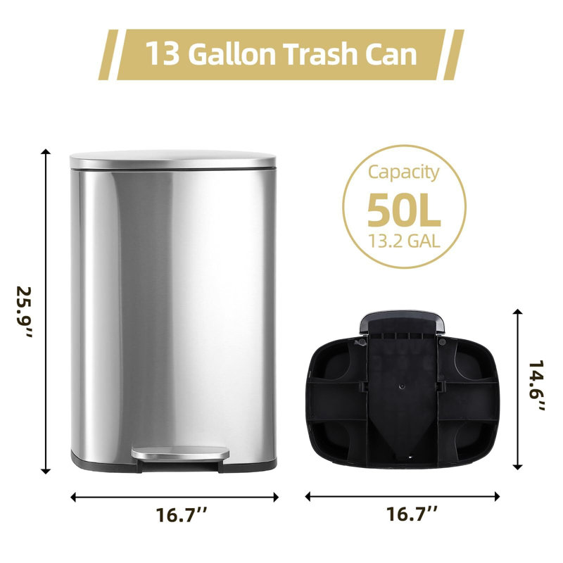Silver Stainless Steel 50 Liter Pedal Trash Can for Commercial Use