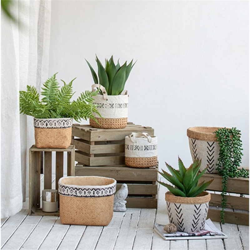 [set Of 2 Rectangular Basket Planters With Geometric Trim]l:10.5"x8.5"x8" S:7.5"x5.5"x6.5" | Cement Rustic Ethnic Decor For Indoor/outdoor