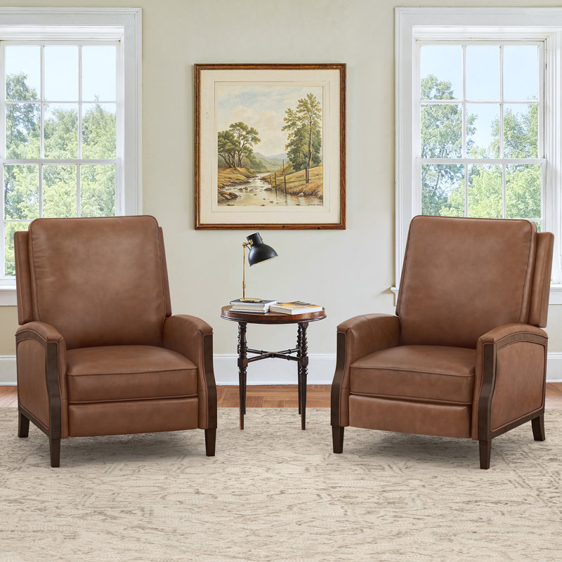 Fauteuil inclinable manuel en cuir véritable de 32,3 po de largeur avec main courante en bois massif Liauro (ensemble de 2)