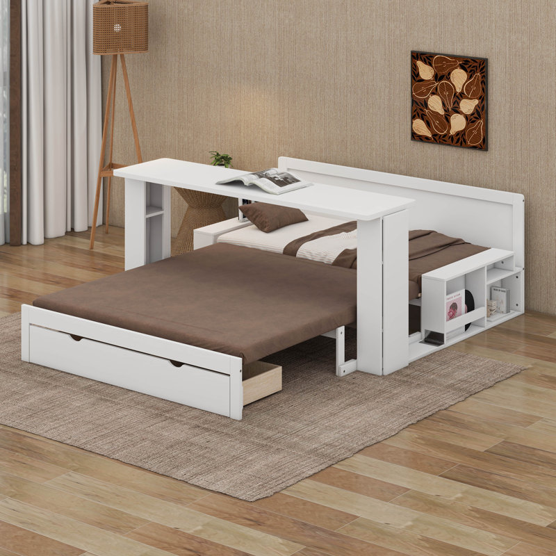Lit de jour avec tiroirs de rangement, base de lit d'angle avec bureau amovible et table d'appoint hydraulique, Complète