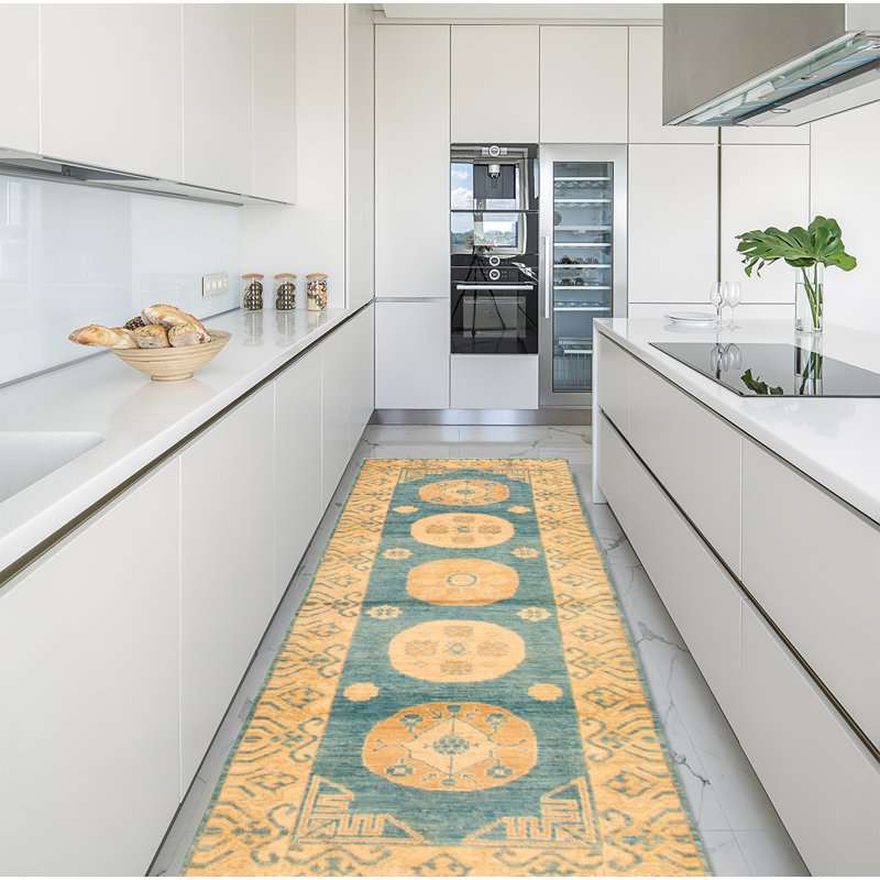 Tapis de couloir en laine noué à la main de conception unique noué à la main New Age 2 pi 11 po x 8 pi 10 po Tapis décoratif en beige/bleu