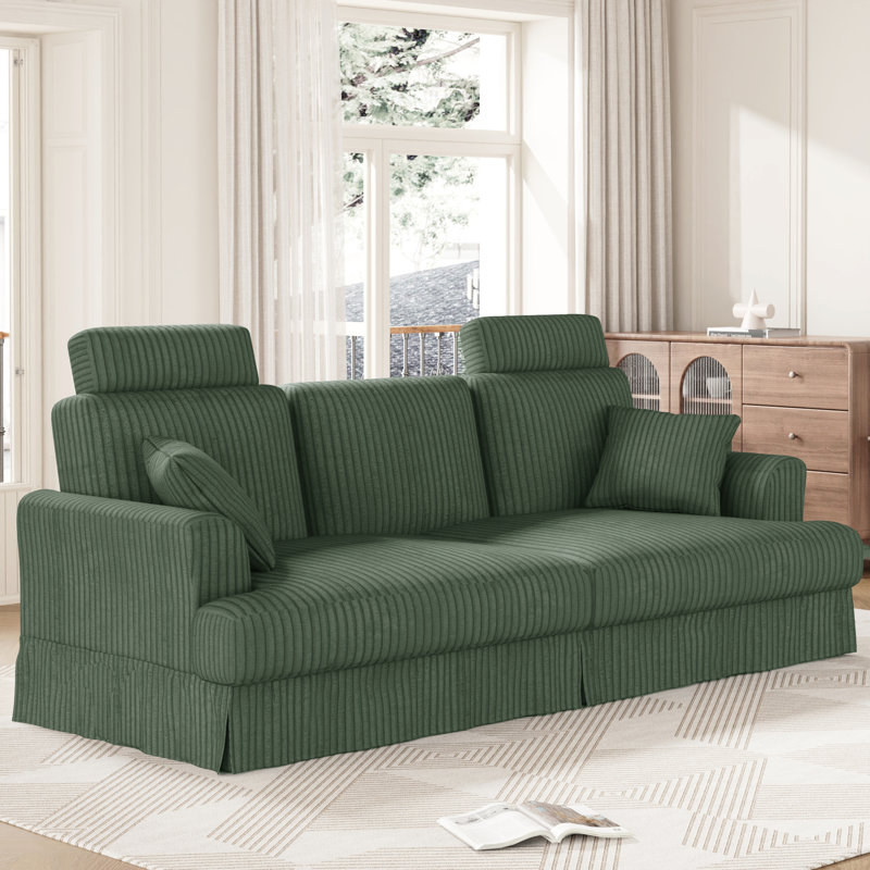 Modern Oversized 261Cm Sectional L-Shaped Corduroy Compression Sofa With Storage Pockets, Green
