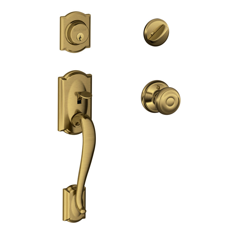 Camelot Handleset with Single Cylinder Deadbolt and Georgian Door Knob and Rosette, Antique Brass, Keyed Different, Yes