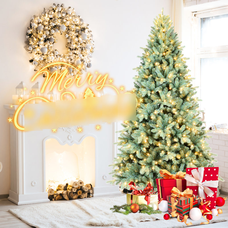 Arbre de Noël de 8 pi de couleur bleue, 650 lumières à DEL blanc chaud, 2458 pointes, conception de branches articulées pour un montage en douceur, arbre de présentation en métal avec une teinte et des branches à installation rapide,