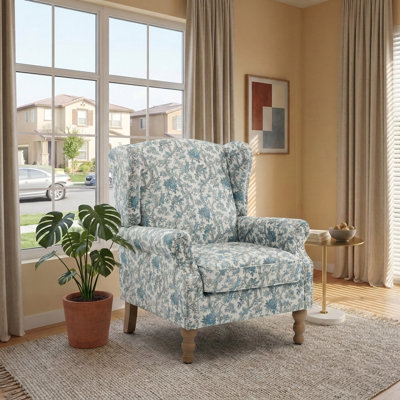 Modern Wingback Accent Chair with Floral Pattern, Retro Legs, Curved Armrests
