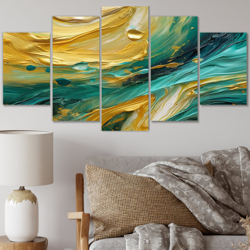 Golden Waves Breaking Abstract IV - Formes abstraites, art mural sur toile - 5 panneaux