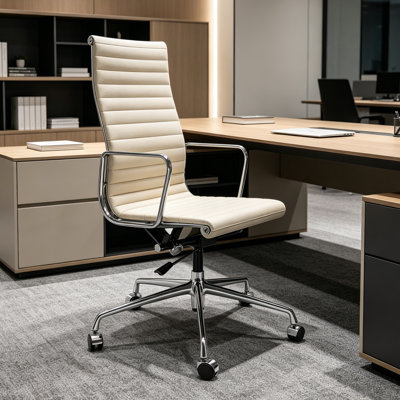 Genuine Leather Office Chair with Aluminum Frame and Base, Swivel Conference Room Chair