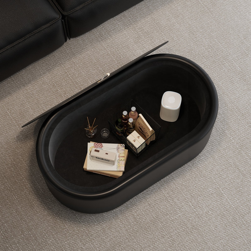 Table basse ovale cachée avec rangement en verre trempé et corps en cuir, Black