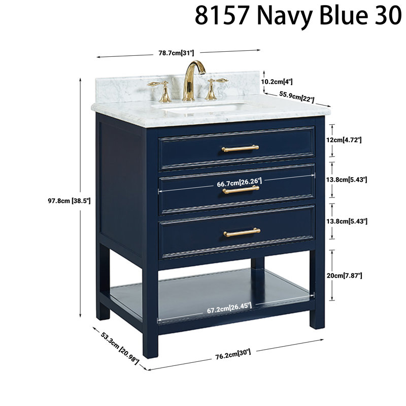 Manhattan 30" Single Vanity With Carrara Marble Top, Two Colors Available, Pre Assembled, Navy Blue