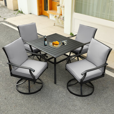 Hoopeston Outdoor Patio Dining Set—4 Swivel Chairs With Cushions, And 36 Inch Square Heavy Duty Metal Dining Table With 2.36'' Umbrella Hole For Patio, Balcony, Backyard, Garden, Lawn (1 Square Table + 4 Swivel Chairs With Gray Cushion)
